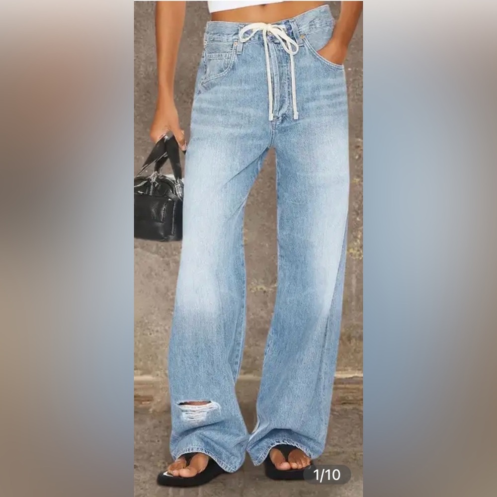 Flamingals Drawstring Cut Out Mid Waist Wide Leg Jeans Size XS NWT